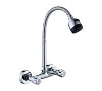 OBASDFD Rubinetto da Cucina A Parete - Miscelatore for Acqua Calda E Fredda A Doppio Foro con Doppia Maniglia in Ottone Cromato Doccetta(3)