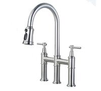 OBASDFD Rubinetto da Cucina Estraibile con Doccetta A 3 Funzioni, Miscelatore Girevole in Ottone for Acqua Calda E Fredda, Doppia Maniglia, Installazione A Tre Fori - Oro Spazzolato(Brushed Nickel)