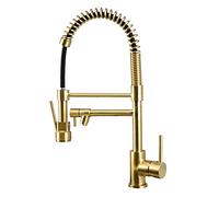 OBASDFD Rubinetto da Cucina Estraibile in Oro Spazzolato con Molla Commerciale, Miscelatore Monocomando in Ottone - Montaggio A Ponte A 1 Foro