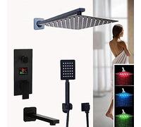 OBASDFD Rubinetto Doccia Digitale con Display A LED, Set Miscelatore in Ottone Nero A 3 Funzioni Soffione A Pioggia E Doccetta (configurazioni da 10"/16")(12 inch Full Set)