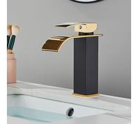 OBASDFD Rubinetto for Bagno A Cascata Nero Opaco, Miscelatore Monocomando for Lavabo con Valvola in Ceramica for Lavello, Finitura Nichel Spazzolato(Black with Gold S)