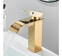 OBASDFD Rubinetto for Bagno A Cascata Nero Opaco, Miscelatore Monocomando for Lavabo con Valvola in Ceramica for Lavello, Finitura Nichel Spazzolato(Golden S)