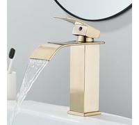 OBASDFD Rubinetto for Bagno A Cascata Nero Opaco, Miscelatore Monocomando for Lavabo con Valvola in Ceramica for Lavello, Finitura Nichel Spazzolato(Brushed Gold S)