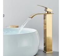 OBASDFD Rubinetto for Bagno A Cascata Nero Opaco, Miscelatore Monocomando for Lavabo con Valvola in Ceramica for Lavello, Finitura Nichel Spazzolato(Brushed Gold T)