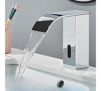OBASDFD Rubinetto for Bagno con Sensore Automatico, Miscelatore for Lavello da Incasso in Ottone Nero Senza Contatto Bocca A Cascata(Chrome Short B)