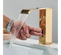 OBASDFD Rubinetto for Bagno con Sensore Automatico, Miscelatore for Lavello da Incasso in Ottone Nero Senza Contatto Bocca A Cascata(Gold Short A)