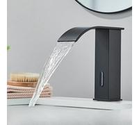 OBASDFD Rubinetto for Bagno con Sensore Automatico, Miscelatore for Lavello da Incasso in Ottone Nero Senza Contatto Bocca A Cascata(Black Short B)