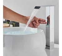 OBASDFD Rubinetto for Bagno con Sensore Automatico, Miscelatore for Lavello da Incasso in Ottone Nero Senza Contatto Bocca A Cascata(Chrome Tall A)