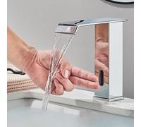 OBASDFD Rubinetto for Bagno con Sensore Automatico, Miscelatore for Lavello da Incasso in Ottone Nero Senza Contatto Bocca A Cascata(Chrome Short A)