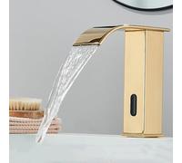 OBASDFD Rubinetto for Bagno con Sensore Automatico, Miscelatore for Lavello da Incasso in Ottone Nero Senza Contatto Bocca A Cascata(Gold Short B)