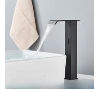 OBASDFD Rubinetto for Bagno con Sensore Automatico Nero, Miscelatore for Lavabo da Piano Senza Contatto Beccuccio A Cascata, Struttura in Ottone(Black Tall A)