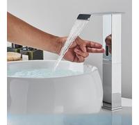 OBASDFD Rubinetto for Bagno con Sensore Automatico Nero, Miscelatore for Lavabo da Piano Senza Contatto Beccuccio A Cascata, Struttura in Ottone(Chrome Tall A)