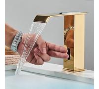 OBASDFD Rubinetto for Bagno con Sensore Automatico Nero, Miscelatore for Lavabo da Piano Senza Contatto Beccuccio A Cascata, Struttura in Ottone(Gold Short A)