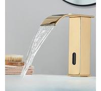 OBASDFD Rubinetto for Bagno con Sensore Automatico Nero, Miscelatore for Lavabo da Piano Senza Contatto Beccuccio A Cascata, Struttura in Ottone(Gold Short B)
