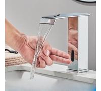 OBASDFD Rubinetto for Bagno con Sensore Automatico Nero, Miscelatore for Lavabo da Piano Senza Contatto Beccuccio A Cascata, Struttura in Ottone(Chrome Short A)