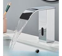 OBASDFD Rubinetto for Bagno con Sensore Automatico Nero, Miscelatore for Lavabo da Piano Senza Contatto Beccuccio A Cascata, Struttura in Ottone(Chrome Short B)