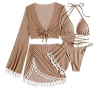 OBASDFD Set Bikini da Donna 4 Pezzi Costume da Bagno Allacciato Allacciatura Bikini Senza Spalline Costume da Bagno A Triangolo con Camicia Copricostume Gonna Blu Cielo(Coffee,Large)