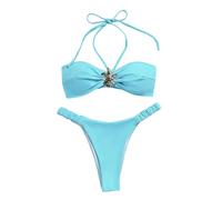 OBASDFD Set Bikini da Donna A 2 Pezzi con Scollo all'Americana Sexy Costume Bagno Brasiliano in Metallo Stella Marina Nero Grande(Blue,S)