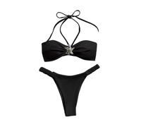 OBASDFD Set Bikini da Donna A 2 Pezzi con Scollo all'Americana Sexy Costume da Bagno Brasiliano in Metallo Stella Marina Blu X-Large(Black,Large)