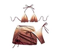 OBASDFD Set Bikini Ombre da Donna 3 Pezzi Perizoma A Triangolo Senza Schienale Costume Bagno Sfacciato con Gonna Copricostume Marrone Multicolore Medio(X-Large)