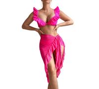 OBASDFD Set da Donna 3 Pezzi con Volant sull'Orlo Bikini dal Taglio Alto Costume Bagno Tinta Unita Gonna Midi Nodo Laterale Rosa Caldo Piccolo(Medium)