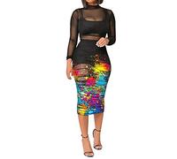 OBASDFD Set Gonna Corta da Donna in 3 Pezzi con Top Corto Abito Lungo Aderente in Rete Stampa Tropicale