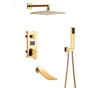 OBASDFD Set Rubinetto Doccia con Display Digitale Dorato, Soffione A Pioggia E Doccetta, Sistema di Miscelazione in Ottone A Parete for Bagno (16 Pollici)(8 inch)