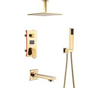 OBASDFD Sistema Doccia con Display Digitale Dorato, Soffione A Pioggia in Ottone, Set Rubinetto Termostatico for Bagno A Soffitto E Bocca for Vasca(8 inch)