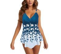 OBASDFD Swimming Costume for Women Tankini Sets Tummy Control Print Spaghetti Straps Twisted Front Dress Swimsuits Two Piece Swimwear for (Blue, L)(Blue,XL)
