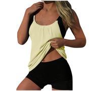 OBASDFD Tankini Swimsuits for Women Summer Tummy Control Modest 2 Piece Bathing Suits Color Block Tankinis Tops And Shorts Sets(Beige,S)
