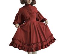 OBASDFD Vestito da donna con maniche a lanterna allentate in pizzo con colletto lungo carino, Rosso vinaccia, XL