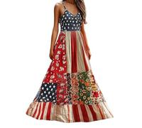 OBASDFD Women' Independence Day Patch Art Line Dress Floral Flag Maxi Dresses(3XL)