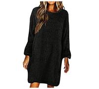 OBASDFD Women' Knitted Dress Round Neck Plain Long Sleeve Loose Pullover(Black,M)
