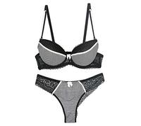 OBASDFD Women Lace Bra And Panty Set Stripes Lingerie Set Bowknot Underwire Bras Grey(Black,40D)