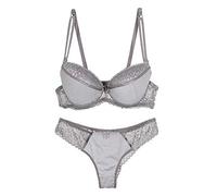 OBASDFD Women Lace Bra And Panty Set Stripes Lingerie Set Bowknot Underwire Bras Grey(Grey,34C)