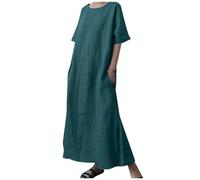 OBASDFD Women' Plus Size Cotton Linen Maxi Dress Plain Short Sleeve Drawstring Waist Belt Slit