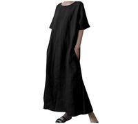 OBASDFD Women' Plus Size Cotton Linen Maxi Dress Plain Short Sleeve Drawstring Waist Belt Slit