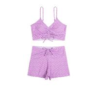 OBASDFD Women Summer Casual Two Piece Retro Floral Print High Waist Swimming Trunks Drawstring Lace Up Top, Red, S(Purple,M)