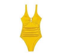OBASDFD Women Swimsuit V Neck One Shoulder with Ruffled Bathing Suits And Halter Swimsuits, Beige, S(Yellow,S)