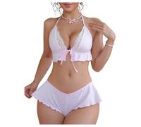 OBASDFD Women's 2 Piece Babydoll Lingerie Set Tie Front Halter Bra And Mid Rise Briefs Underwear Set Pink Small(Large)