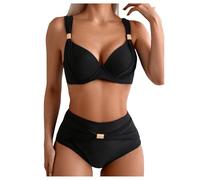 OBASDFD Women's 2 Piece Bikini Set High Waisted Tummy Control Push Up V Neck Swimsuit Bathing Suit(Black,S)