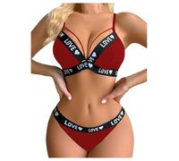OBASDFD Women's 2 Piece Lingerie Set Letter Tape Cut out Plunging Bra And Brief Underwear Sets Red Small(X-Large)