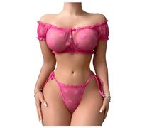 OBASDFD Women's 2 Piece Lingerie Set Mesh Sheer Lettuce Trim Tie Front Bra And Thong Sets Hot Pink Small(Black,Large)