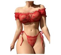 OBASDFD Women's 2 Piece Lingerie Set Mesh Sheer Lettuce Trim Tie Front Bra And Thong Sets Mint Green Large(Red,Large)