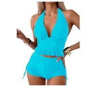 OBASDFD Women's 2 Piece Tankini Set Two Ruffle Bathing Suits Ruched Halter Swimsuits with Shorts Pink X-Large(Teal Blue,S)