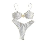 OBASDFD Women's 2 Piece Tie Back Bikini Set Metal Decor Bathing Suit Ruched Underwire Swimsuit Swimwear(XS)
