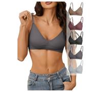OBASDFD Women's 5 Pieces Rib Knit Spaghetti Strap V Neck Wireless Bra Set Seamless Solid Plain No Padded Bralette Brown White(Black And Grey,Medium)