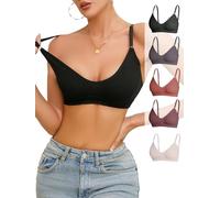OBASDFD Women's 5 Pieces Rib Knit Spaghetti Strap V Neck Wireless Bra Set Seamless Solid Plain No Padded Bralette Brown White(Black And Beige,Medium)