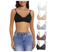 OBASDFD Women's 5 Pieces Rib Knit Spaghetti Strap V Neck Wireless Bra Set Seamless Solid Plain No Padded Bralette Brown White(Black White,Medium)