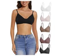 OBASDFD Women's 5 Pieces Rib Knit Spaghetti Strap V Neck Wireless Bra Set Seamless Solid Plain No Padded Bralette Brown White(Brown White,Large)
